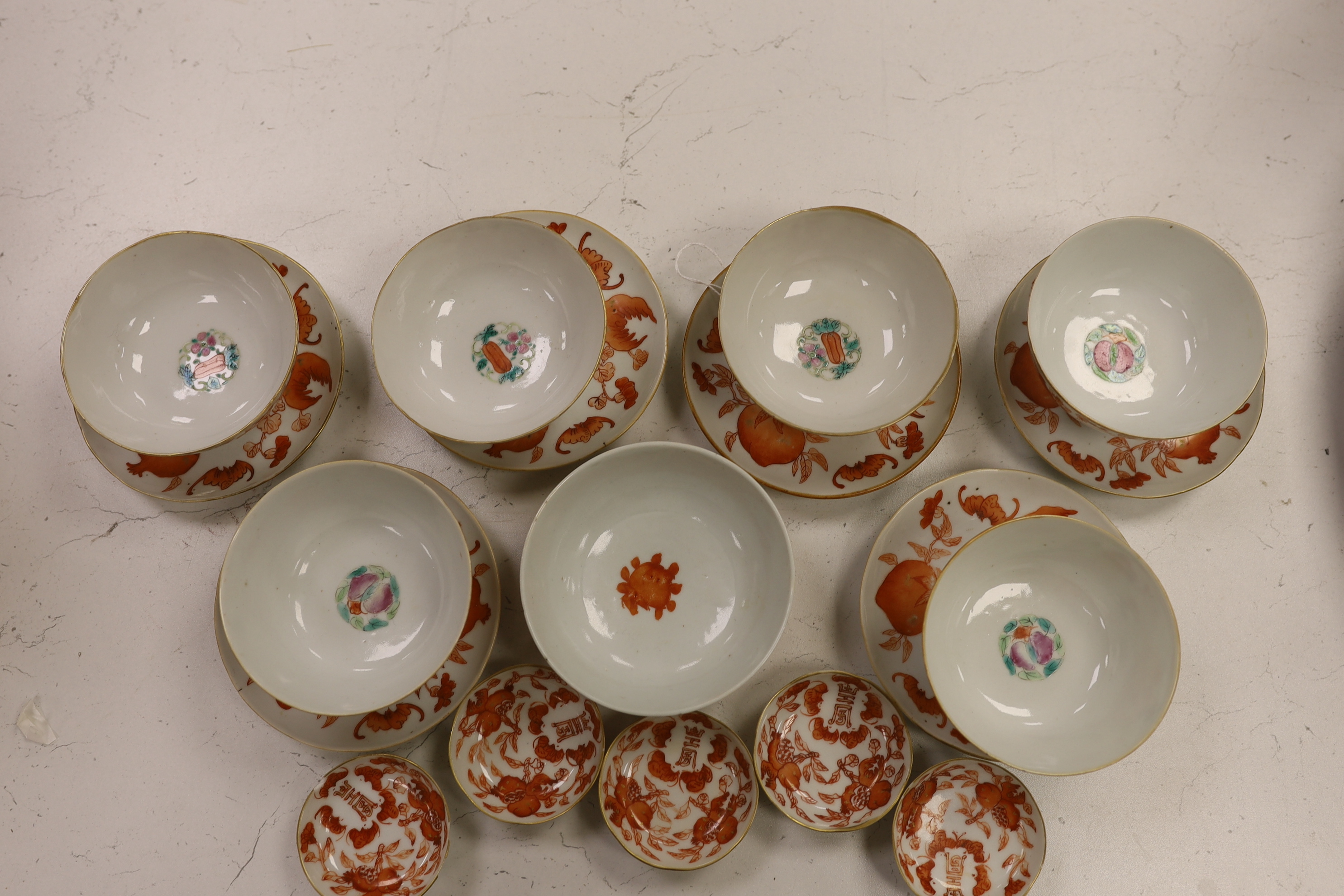 A group of Chinese iron red enamelled ‘sanduo’ bowls, saucers and side dishes, c.1900, Tongzhi and Guangxu marks